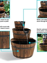 Rustic 3-Tier Wood Barrel Outdoor Water Fountain Garden Feature - 30"