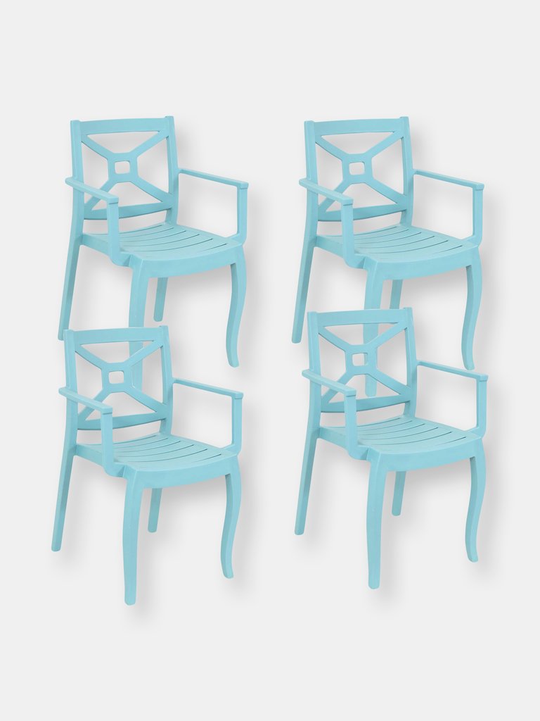 Set of 4 Patio Chair Blue Stackable Outdoor Seat Armchair Backyard Porch Deck - Blue