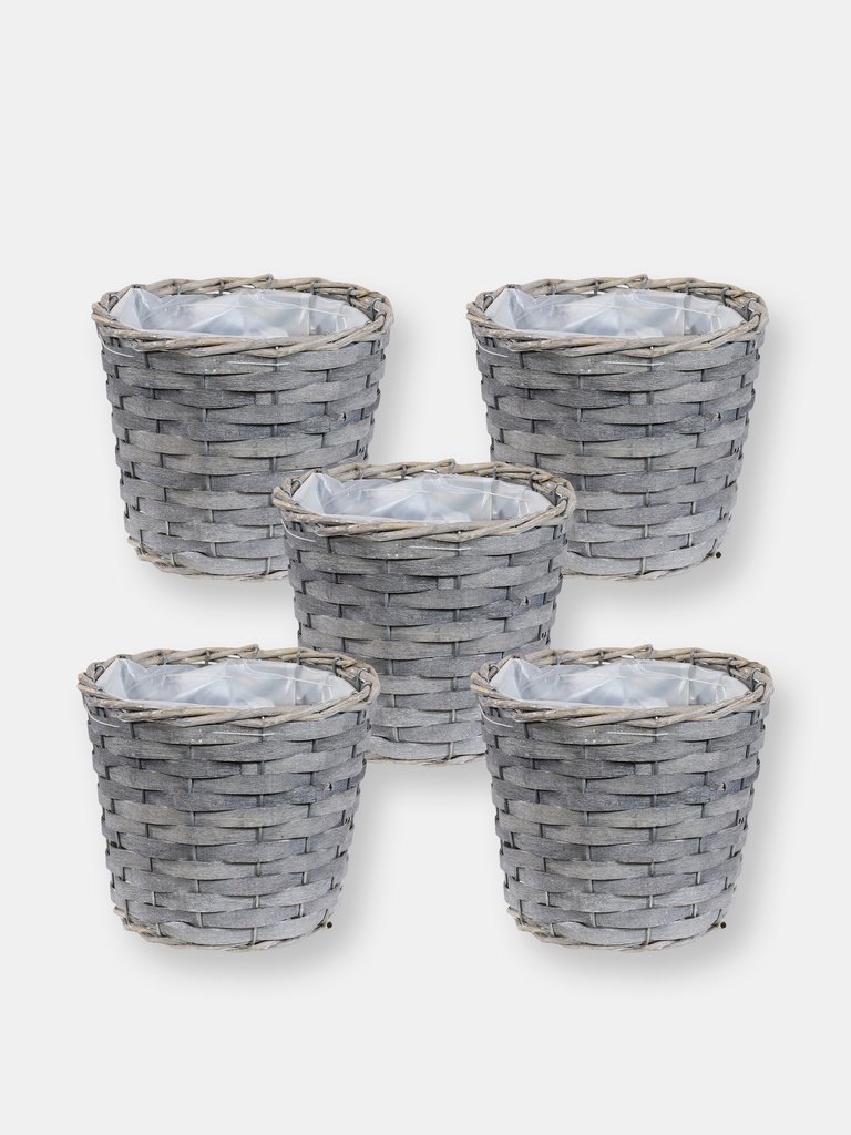 Set of 5 Indoor Poplar Wicker Planters with Plastic Liners - Grey