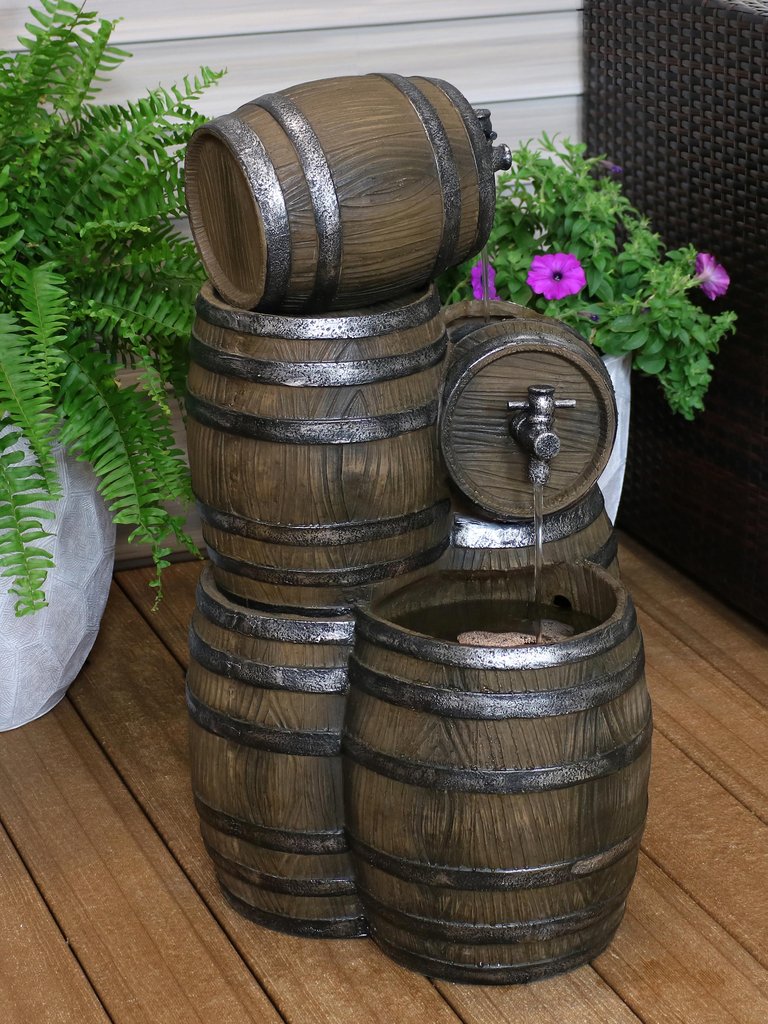 Stacked Rustic Barrel Outdoor Water Fountain 29" Water Feature w/ LEDs