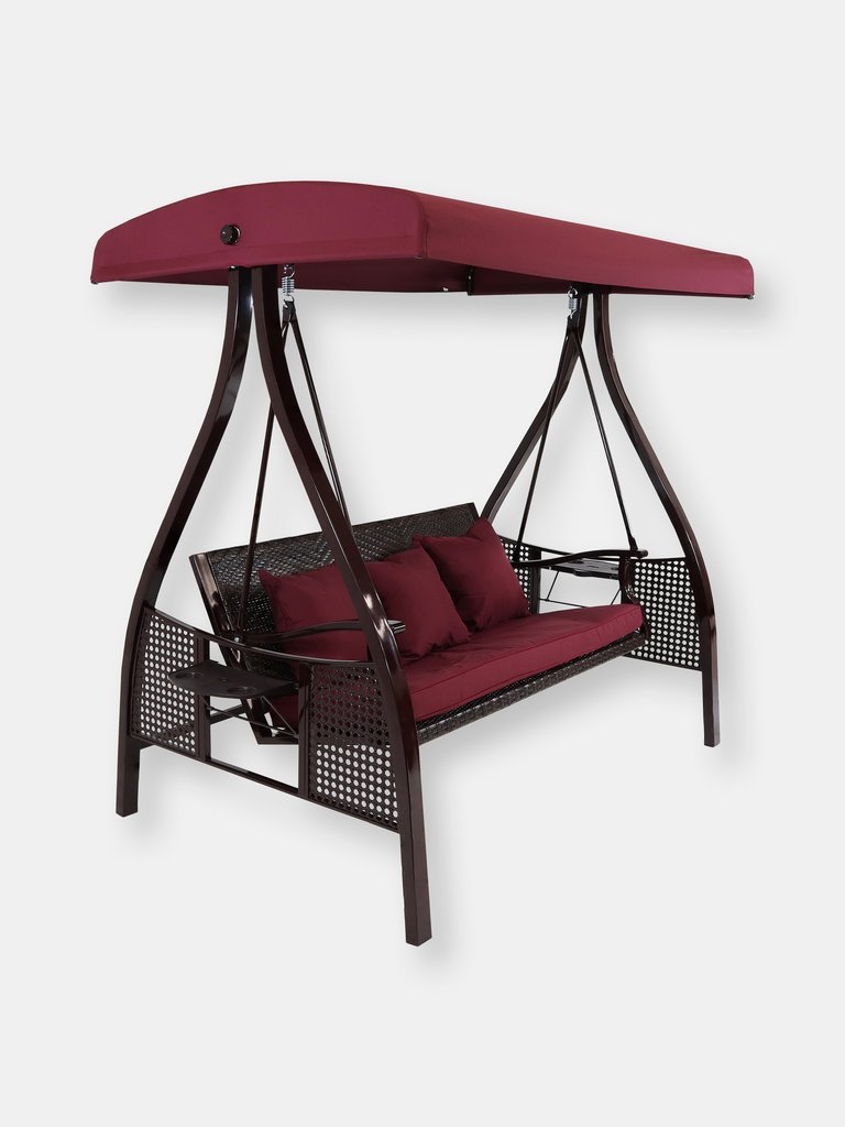 Sunnydaze 3-Person Steel Patio Swing with Side Tables and Canopy - Dark Red