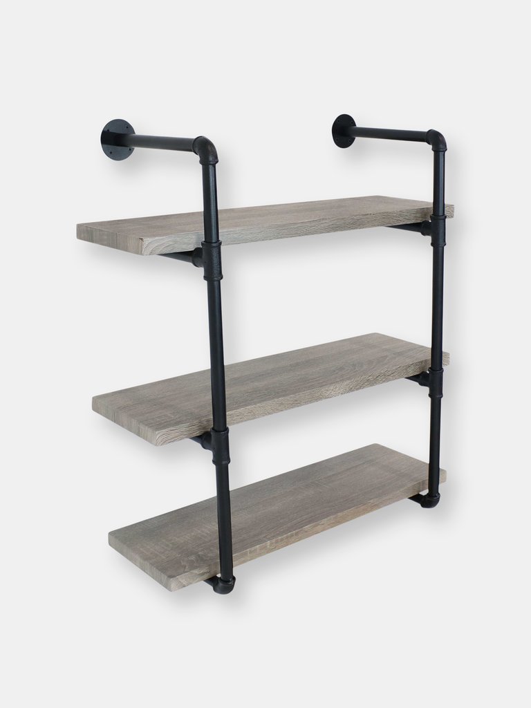 Sunnydaze 3-Tier Industrial Style Wall Bookshelf - Black Pipe Frame - Teak - Grey