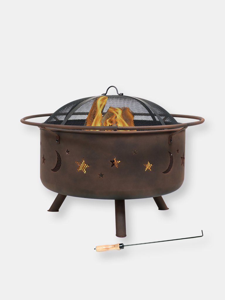 Sunnydaze 30 in Cosmic Steel Fire Pit with Spark Screen, Poker, and Grate - Bronze