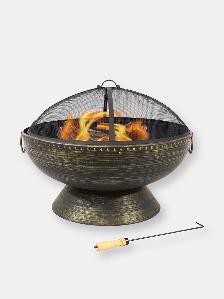 Sunnydaze 30 in Steel Fire Pit with Handles, Spark Screen, Poker, and Grate - Bronze