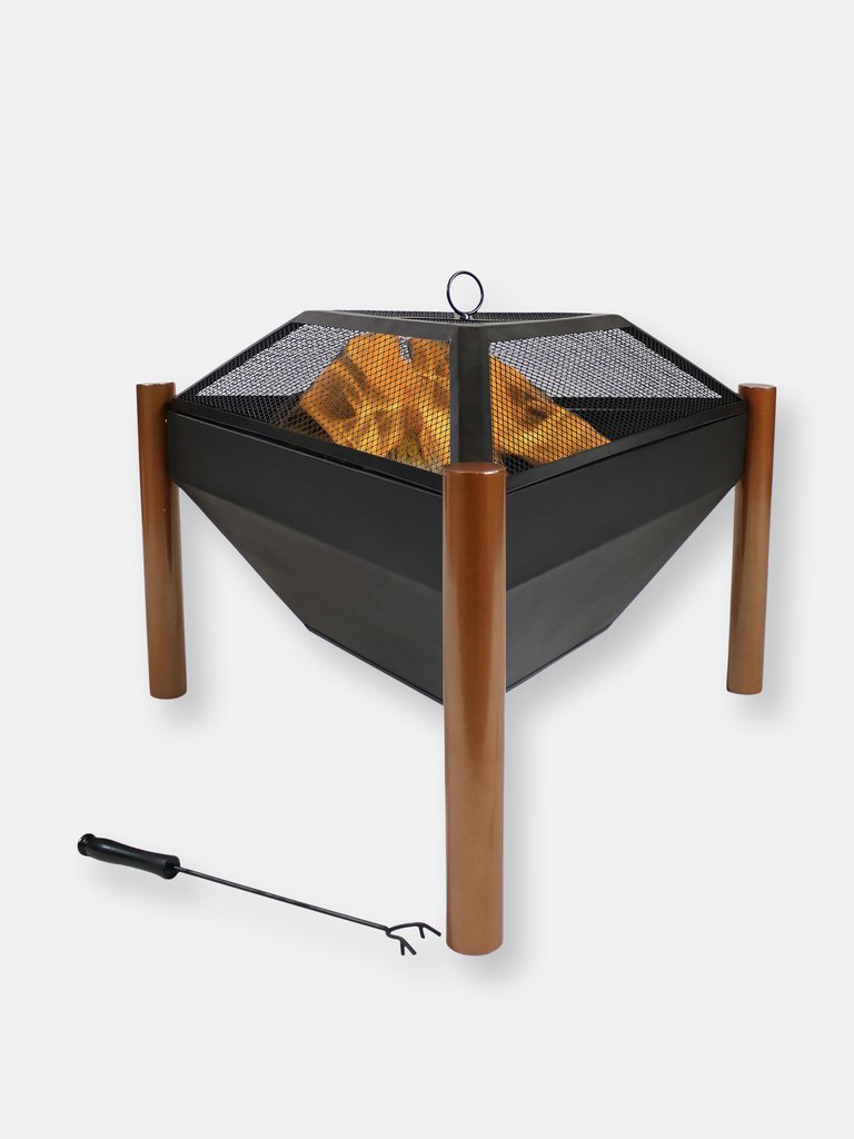 Sunnydaze 31 in Triangle Steel Fire Pit Table with Grate, Poker, and Screen - Black
