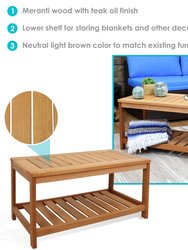 Sunnydaze 35.25 in Meranti Wood Rectangular Patio Coffee Table with Shelf