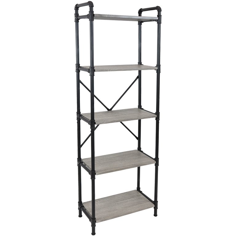 Sunnydaze 5-Tier Industrial Black Pipe Bookshelf - Oak Gray - Grey