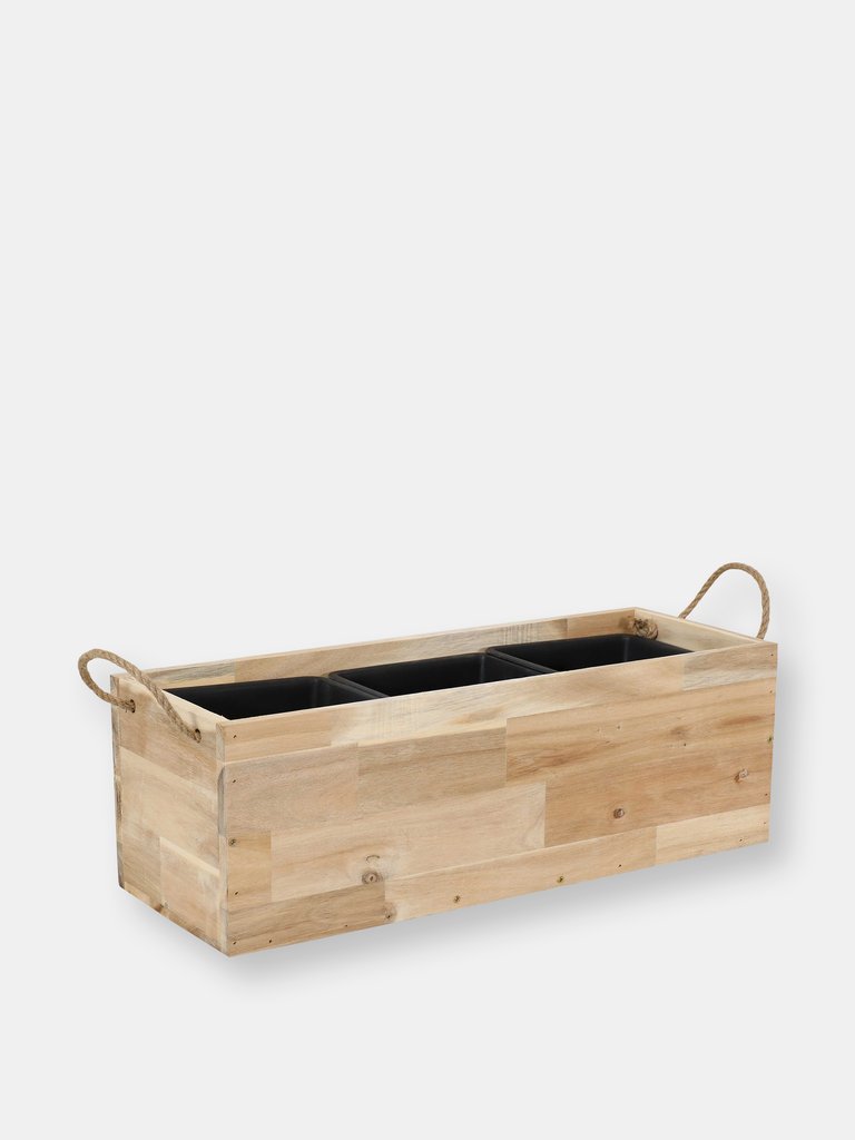 Sunnydaze Acacia Wood Rectangle Tray Planter with Handles/Liner - Natural - Light Brown