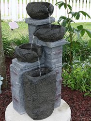 Sunnydaze Cascading Stone Bowl Solar Water Fountain with LED Lights - 27 in