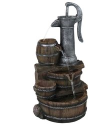 Sunnydaze Cozy Farmhouse Pump/Barrel Water Fountain with LED Lights - 23 in - Brown