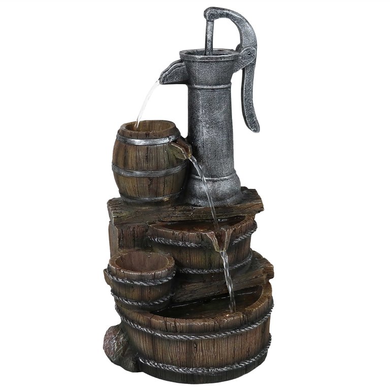 Sunnydaze Cozy Farmhouse Pump/Barrel Water Fountain with LED Lights - 23 in - Brown