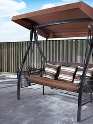 Sunnydaze Deluxe Steel Frame Brown Striped Cushion Canopy Swing with Side Tables