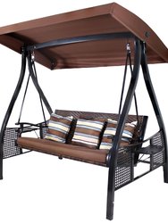 Sunnydaze Deluxe Steel Frame Brown Striped Cushion Canopy Swing with Side Tables - Brown