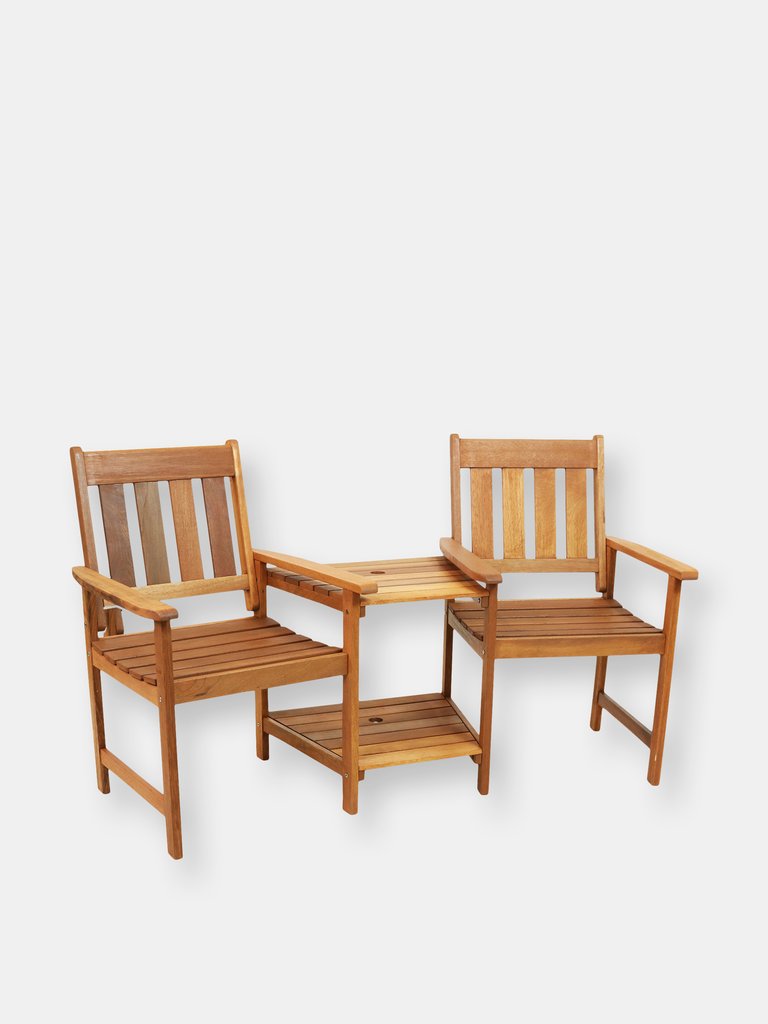 Sunnydaze Meranti Wood Patio Jack-and-Jill Chairs with Attached Table - Brown