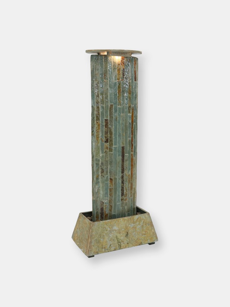 Sunnydaze Natural Slate Floor Water Fountain Tower with LED Lights - 49 in - Grey