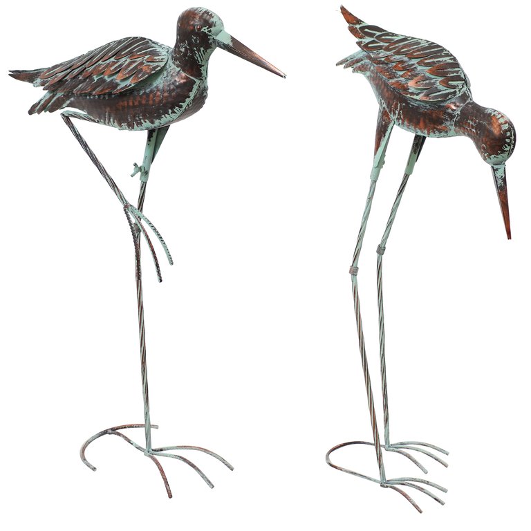 Sunnydaze Patina Crane Set of 2 Outdoor Metal Garden Statues - 29.5 in - Brown