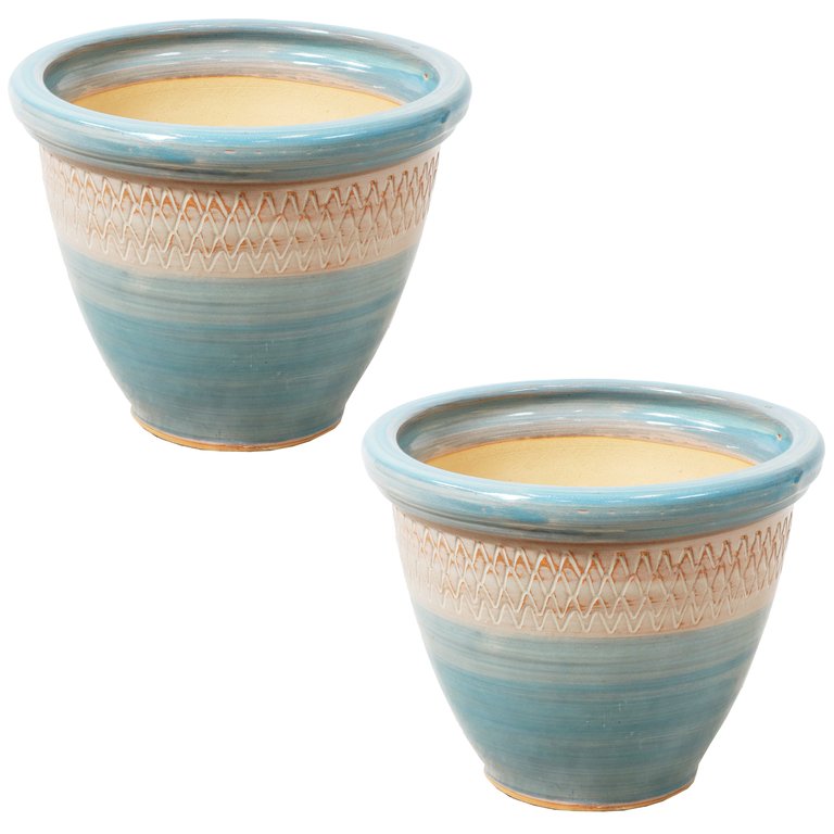 Sunnydaze Purlieu Ceramic Planter (Set Of 2) 12"- Shoreline - Light Blue