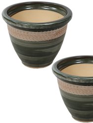 Sunnydaze Purlieu Ceramic Planter (Set Of 2) 12"- Shoreline - Green