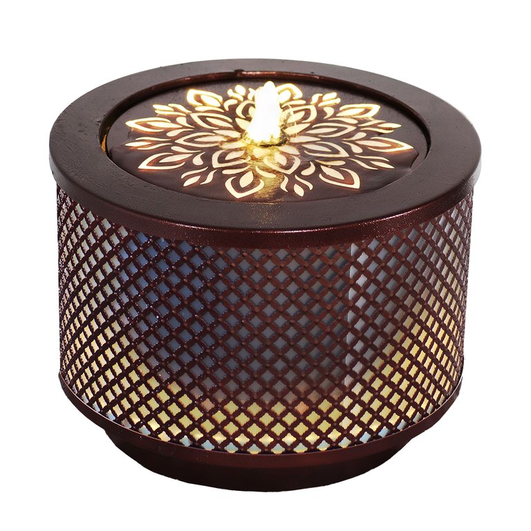 Sunnydaze Repeating Diamond Cylinder Iron Water Fountain with LED Lights - Brown