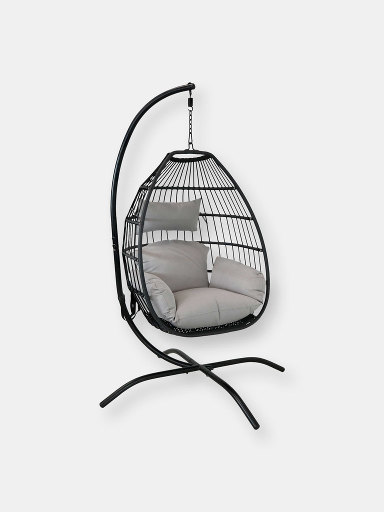 Sunnydaze Resin Wicker Hanging Egg Chair with Steel Stand/Cushions - Gray - Gray