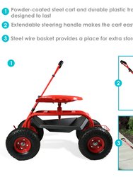 Sunnydaze Rolling Garden Cart w/ Extendable Steering Handle Seat & Basket
