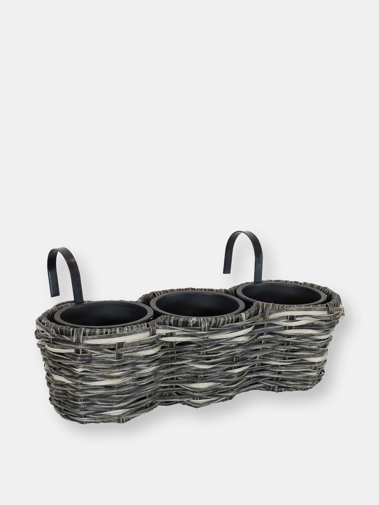 Sunnydaze Round Polyrattan Over-the-Rail Tri-Planter - Black