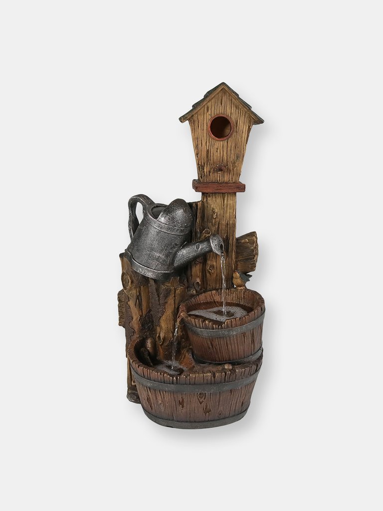 Sunnydaze Rustic Birdhouse and Garden Watering Can Water Fountain - 31 in - Light Brown