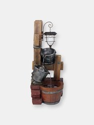 Sunnydaze Rustic Pouring Buckets Water Fountain and Solar Lantern - 34 in - Brown