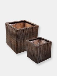 Sunnydaze Square Polyrattan Indoor Planters - 1 Large/1 Small Planter - Brown