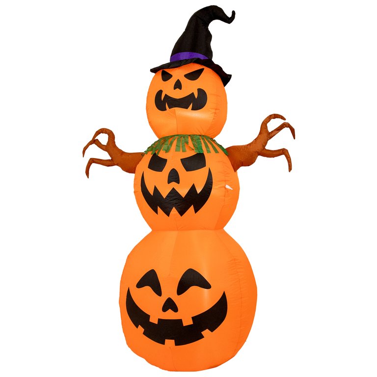 Sunnydaze Stacked Jack-O-Lantern Scarecrow 7-Foot Halloween Inflatable - Orange