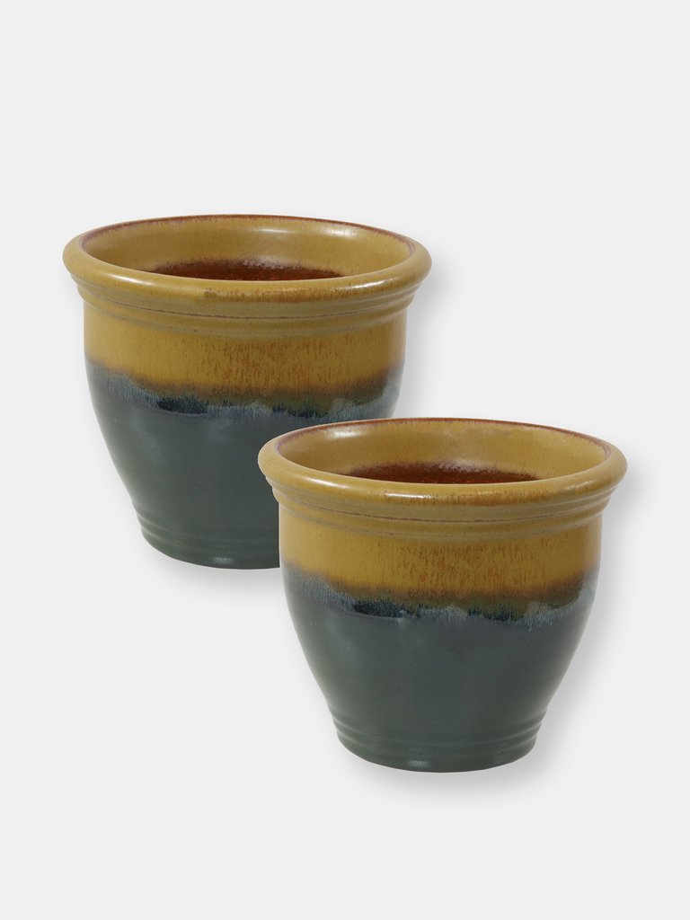 Sunnydaze Studio Glazed Ceramic Planter - Set of 2 - 11-Inch - Dark Green