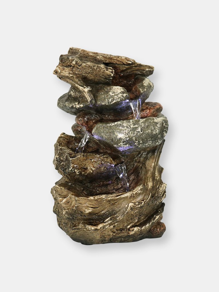 Tiered Rock and Log Tabletop Fountain Feature with Led Lights - 10.5" - Brown