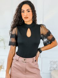 A Little Touch Of Lace Keyhole Turtleneck Bodysuit Top - Black