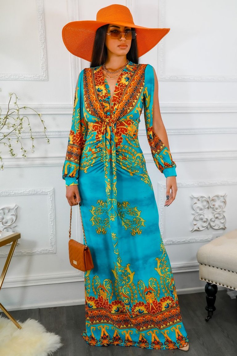 My Empire Long Slit Sleeves Plunged Neckline Maxi Dress - Sky Blue