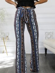 Paisley Floral Print Bell Bottoms With Front Tie - Blue