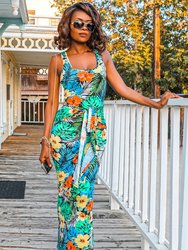 Tropical Print Bodycon Maxi Dress With Front Tie Waist - Navy