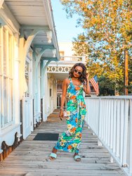 Tropical Print Bodycon Maxi Dress With Front Tie Waist