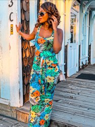 Tropical Print Bodycon Maxi Dress With Front Tie Waist