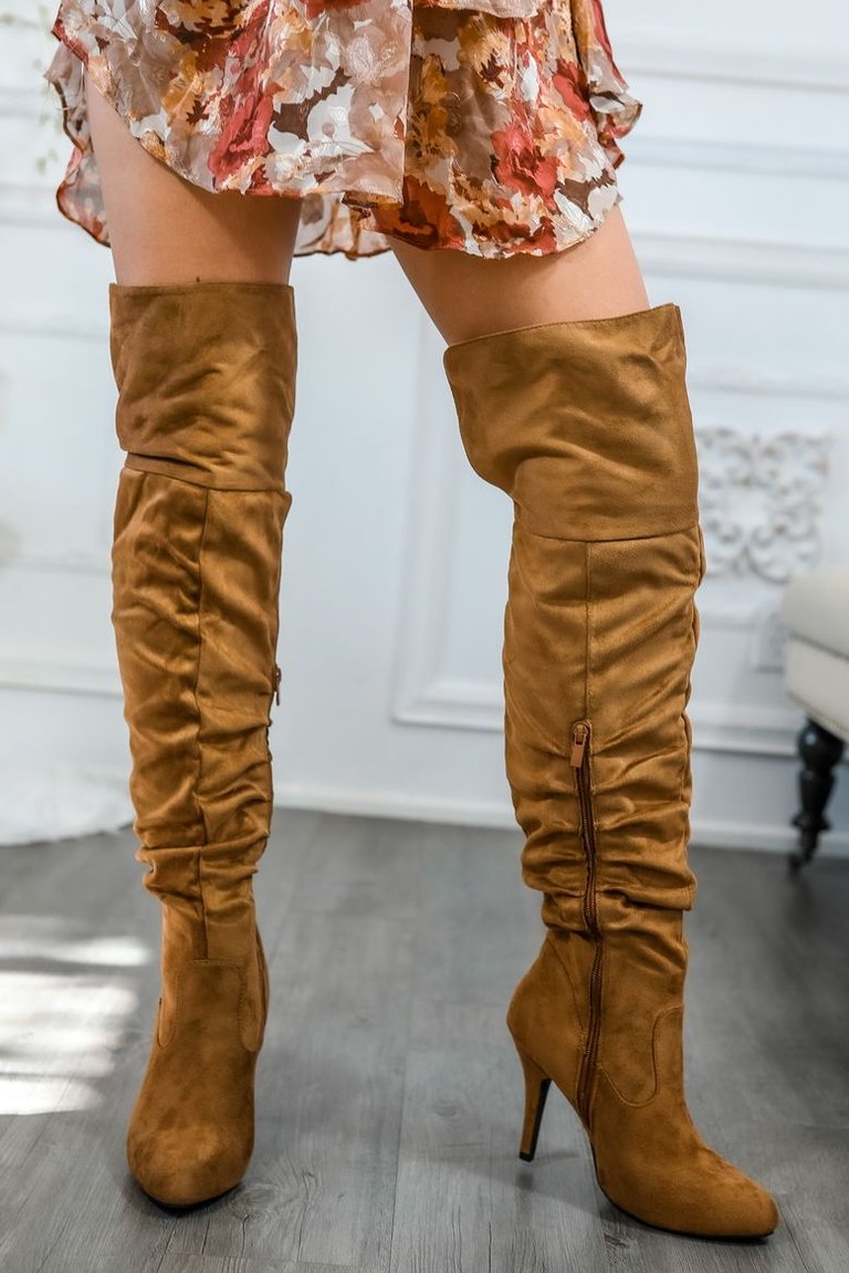 Unmatchable Pointy Slouchy Knee And Thigh High Boots Tan