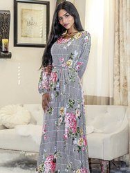 Venechia Print Round Neck Maxi Dress With Long Closed Bell Sleeves - White