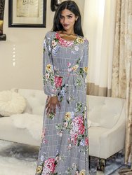 Venechia Print Round Neck Maxi Dress With Long Closed Bell Sleeves - White