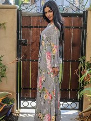 Venechia Print Round Neck Maxi Dress With Long Closed Bell Sleeves - White