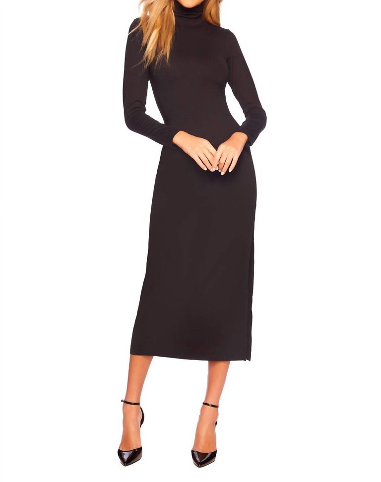 Long Sleeve Turtleneck Slit Dress - Black