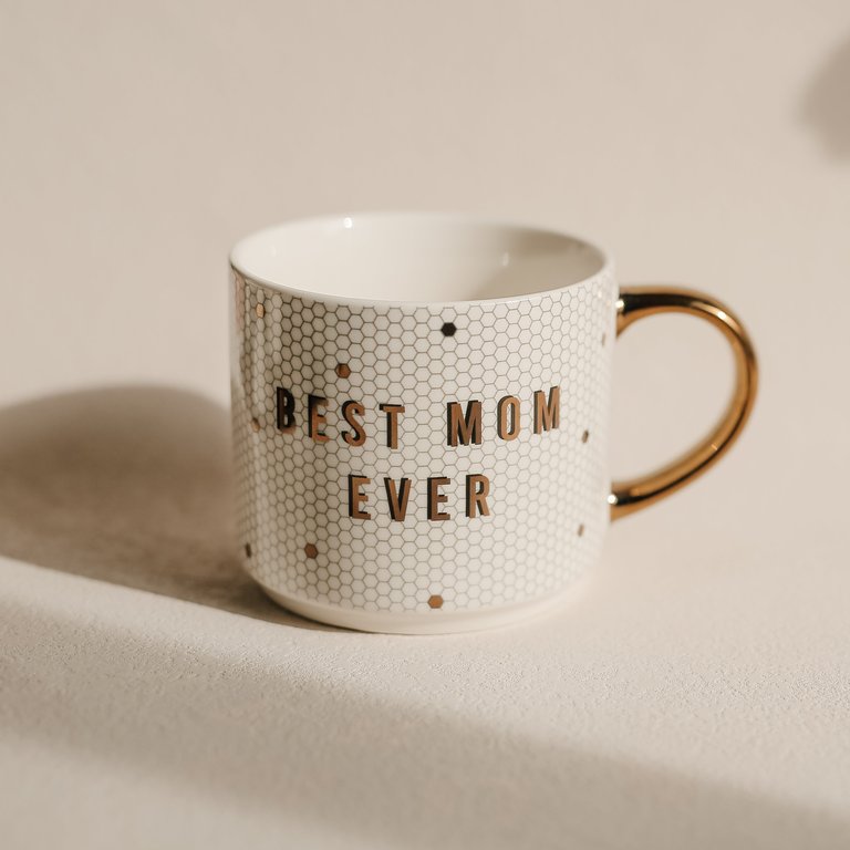 Best Mom Ever - White + Gold Honeycomb Tile Coffee Mug