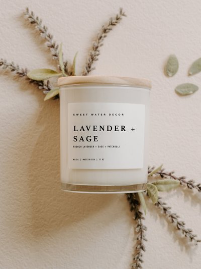 Sweet Water Decor Lavender and Sage Soy Candle - White Jar Candle + Wood Lid product