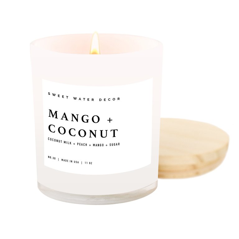 Mango and Coconut Soy Candle | White Jar Candle + Wood Lid - White