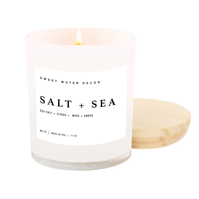 Salt + Sea Soy Candle | White Jar Candle + Wood Lid - White