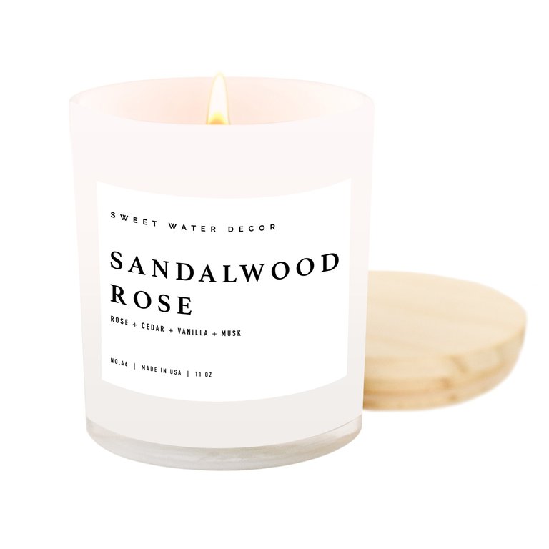 Sandalwood Rose Soy Candle | White Jar Candle + Wood Lid - White