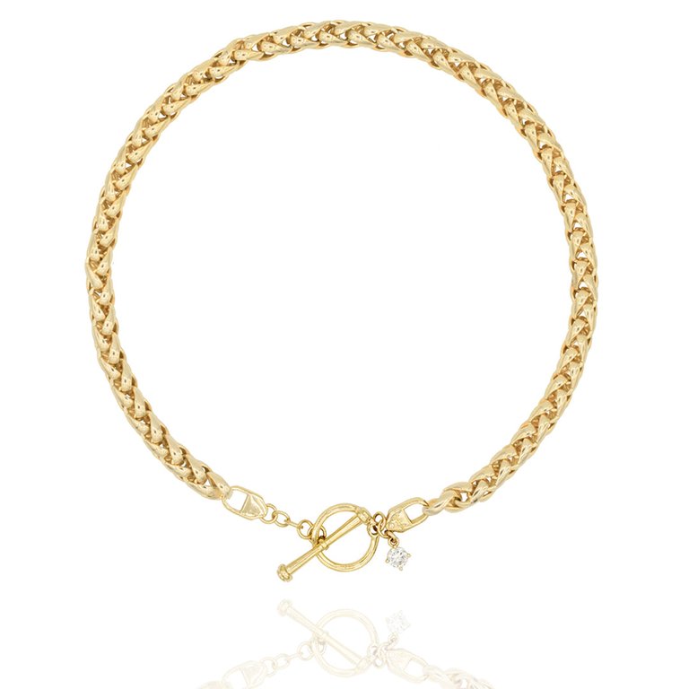 Andreas 16" 14k Gold Plated Brass  Wheat Chain Toggle Closure Necklace With CZ Accent - Gold