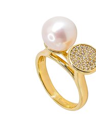 Luysa High Low Ring In 14k Gold Plated Brass With White Cubic Zirconia Micro Pave And Round Freshwater Pearl - Gold